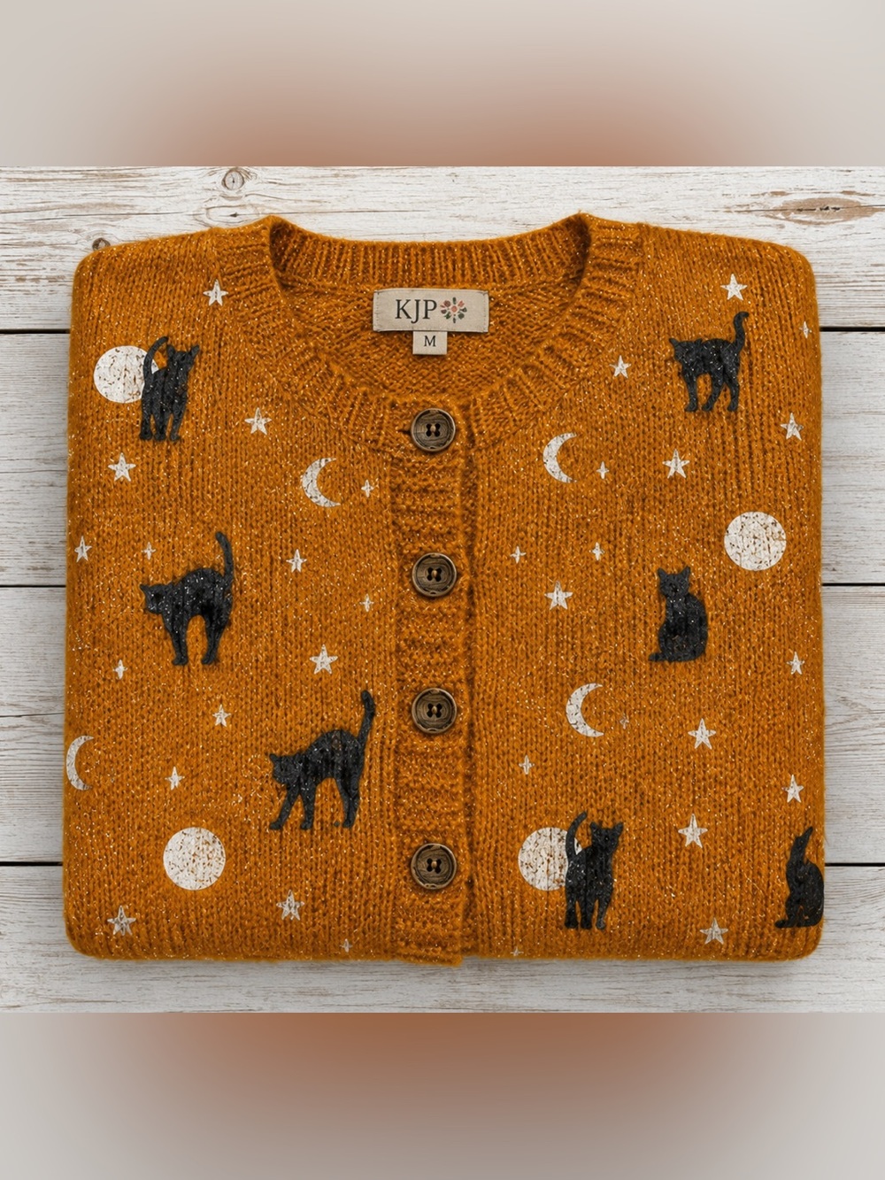 Black Cat Moon & Stars Cardigan Rusty Orange Halloween Sweater